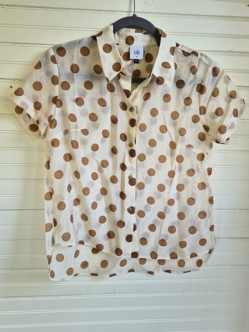 CAbi NWOT Cream Short-Sleeve Button-Down Shirt with Brown Polka Dots